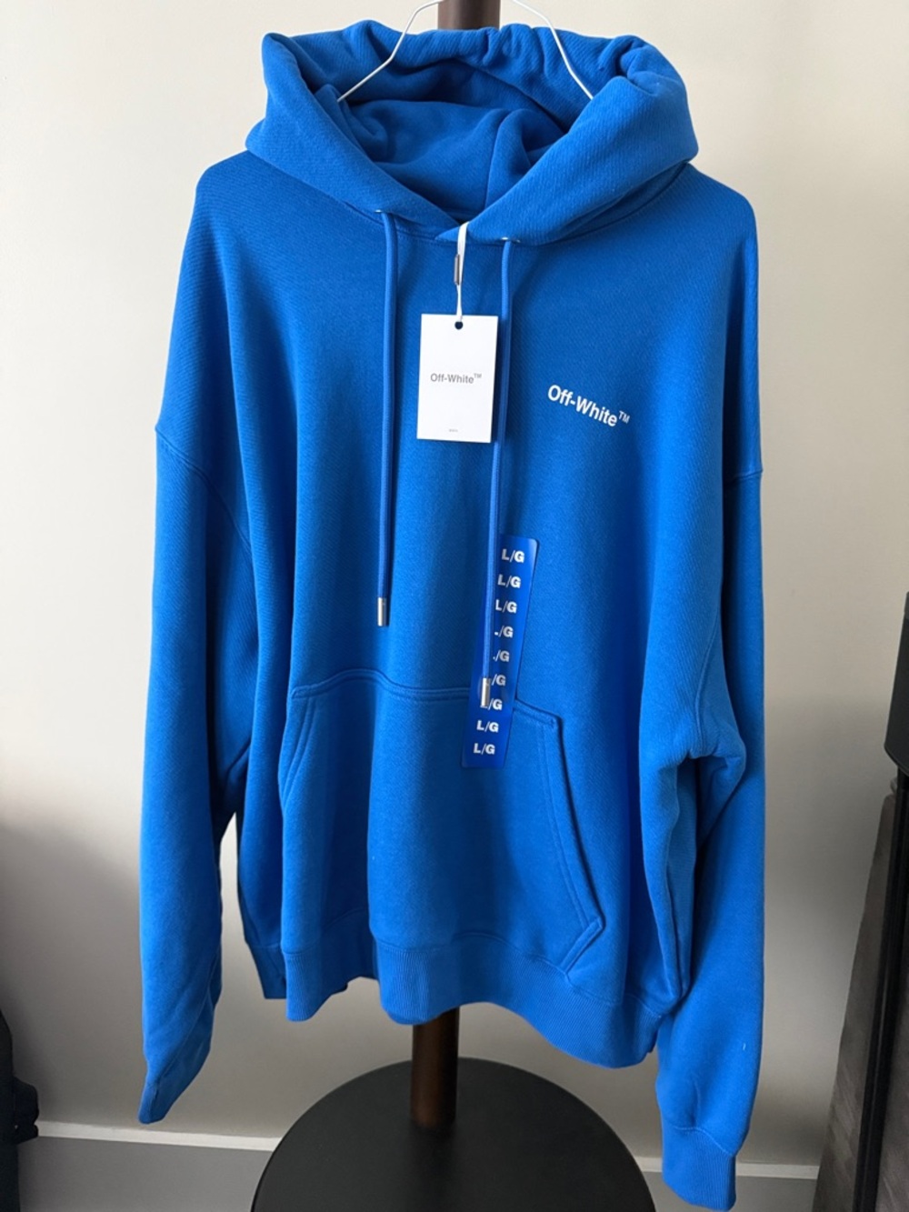 Off-White Men’s Bright Blue Crewneck Hoodie Sweater